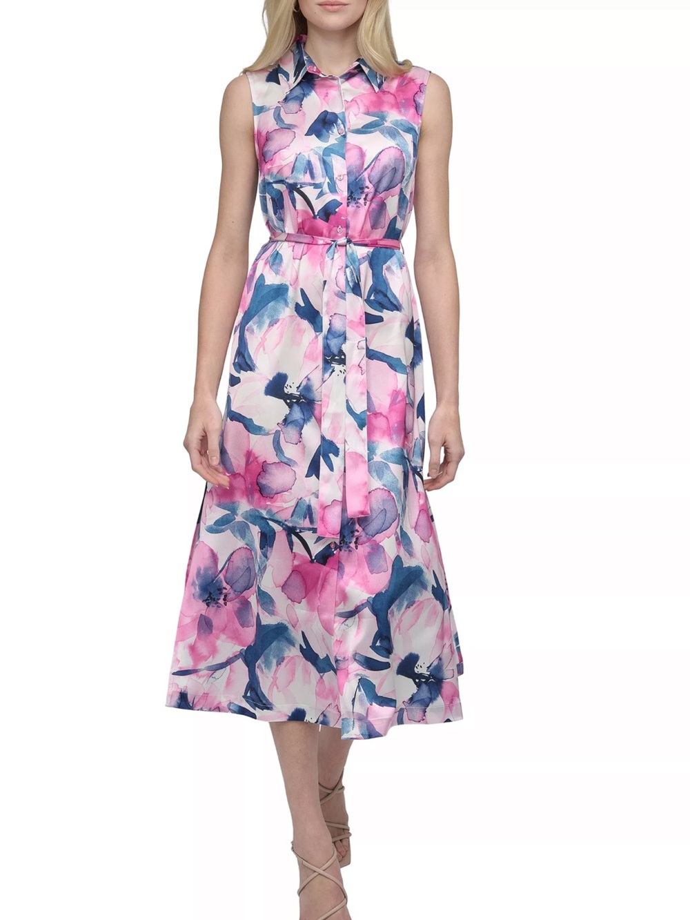 NWT DKNY Printed Chiffon SleevelessButton-Front Shirt Dress with Tie Belt Sz 16